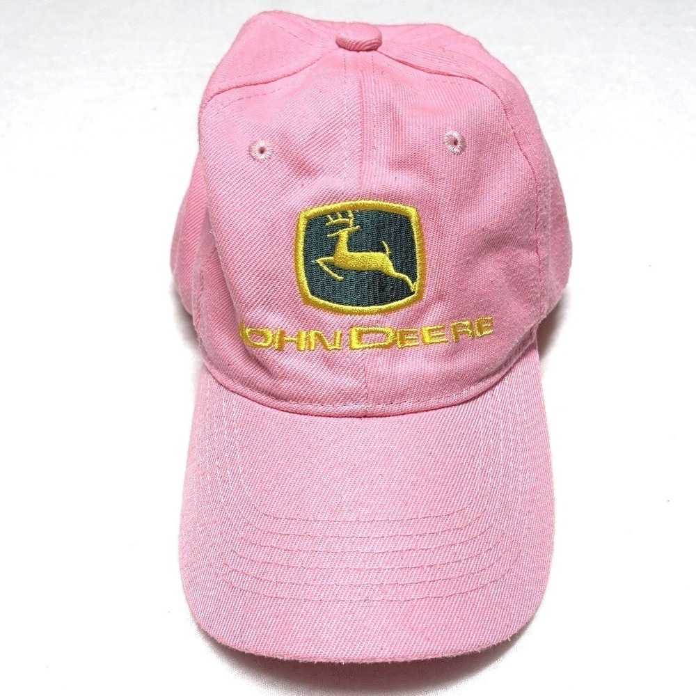 John Deere Pink Baseball Hat Adjustable Hook Loop Strap Logo Embroidered Cap VTG